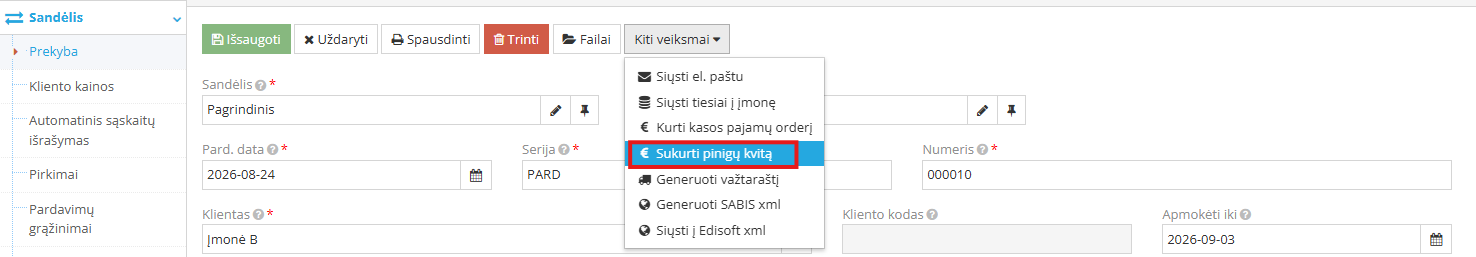 Pinigų priėmimo kvito sukūrimo langas